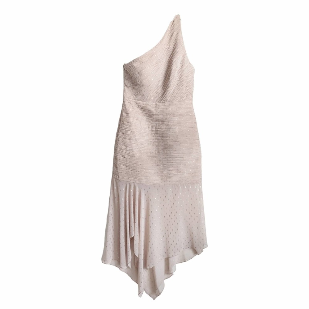 Halston Heritage One Shoulder Metallic Champagne Gold Trumpet Dress Size 8 - Picture 4 of 15